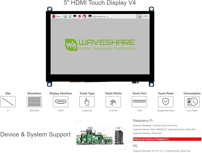 Waveshare 5inch Capacitive Touch Screen LCD Slimmed-Down Compatible with Raspberry Pi 5/4B/3B+/3A+/2B/B+/A+/Zero/Zero W/WH/Zero 2W CM3+/4 800×480 Resolution HDMI Toughened Glass Panel Supports Windows