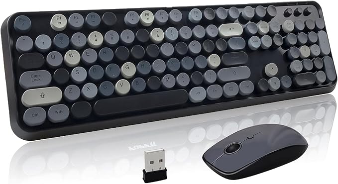 Wireless Keyboard and Mouse Combo Retro Typewriter Style Bubble Keyboard with Round Keycaps 2.4GHz Full Size Mixed Color Aesthetic Keyboards and 3 DPI Mouse Set for PC Laptop Desktop - Black Grey