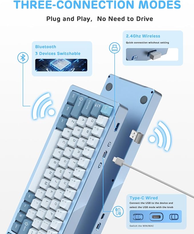ATTACK SHARK M71 75% TKL Wireless Mechanical KeyboardFull Aluminum CNCBT5.0/2.4G/USB-CHot-swapRGB LEDNKRO Gaming Keyboard4600mAhPre-lubed Linear SwitchCustom Gasket Mount for PC Mac/Win(Blue)