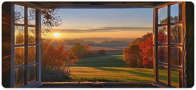 Autumn Window View Desk Mat Desk Pad Large Mouse Pad Anti-Slip Big Mousepad with Stitched Edges Computer Mouse Pads for Gaming Home Office Work 16x36