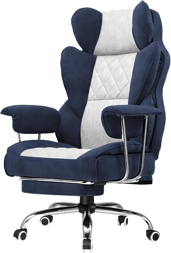GTPLAYER Gaming ChairOffice Chair with Pocket Spring Lumbar Support Ergonomic Comfortable Wide Office Desk Computer Chair with Outward Fixed Soft Armrests and Footrest (Fabric Dark Blue &amp White