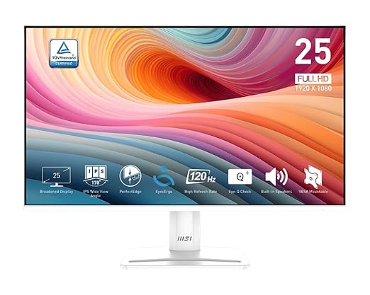 msi PRO MP251W E2 24.5-inch IPS 1920 x 1080 (FHD) Gaming Office Monitor 120Hz Adaptive-Synch HDR Ready HDMI VGA Port Display PortVESA Mountable Tilt Speaker 4-Side Slim Bezel1ms White