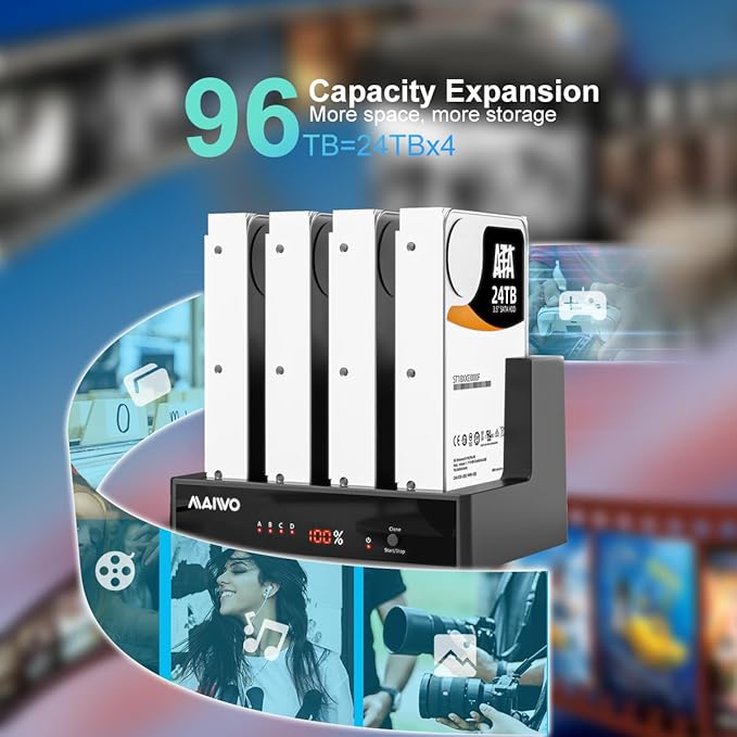 MAIWO 4 Bay Hard Drive Docking Station with Offline Cloning External Hard Drive Cloner Duplicator for 2.5'' 3.5'' SATA SSD HDD with LED Indicator 96TB Expansion USB3.0 Connecting Port