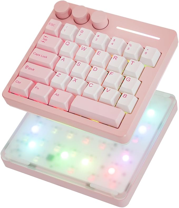 KiiBoom Cybrix 29 Rapid Fast Wired Gaming Keyboard 8Khz Polling Aluminum &amp Acrylic One Handed Keyboard 3 Programmable Knobs Magnetic Switch Adjustable Actuation RGB Backlits FR4 Plate (Pink