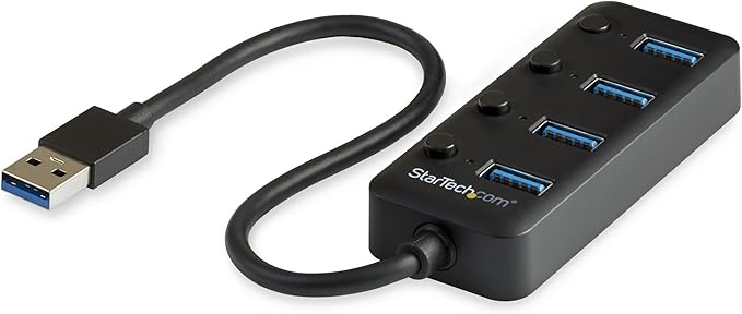 StarTech.com 4 Port USB 3.0 Hub - USB-A to 4x USB 3.0 Type-A with Individual On/Off Port Switches - SuperSpeed 5Gbps USB 3.1/3.2 Gen 1 - USB Bus Powered - Portable - 9.8 Attached Cable (HB30A4AIB)