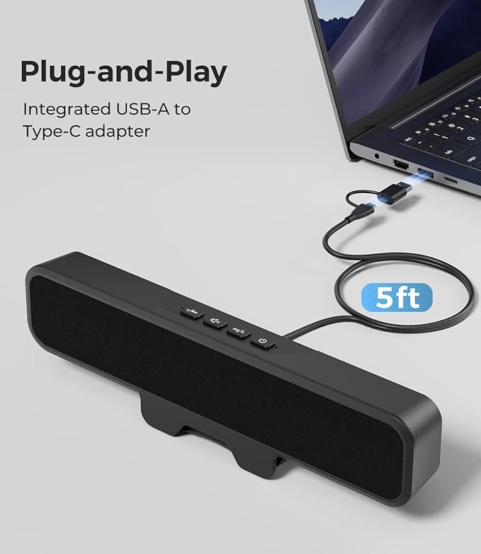 Computer Speakers for Desktop PC Stereo Sound Bar with Monitor Clip Deep Bass Plug and Play Integrated Type-C &amp USB-A