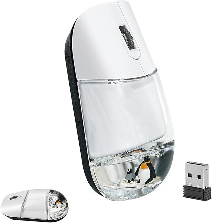 Wireless Mouse with Liquid Water Section &amp Floater Animal Portable Retro Silent Cute Aqua Mouse with USB Receiver Lightweight 1000DPI Optical Clear Water Mice for Laptop PC Computer (White Pengui