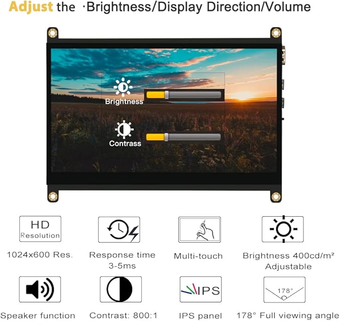 7 inch Raspberry Pi Monitor Touchscreen with Case Touch Display 7 inch LCD Screen 1024x600 IPS Small HDMI Monitor Speakers for Win Driver Free