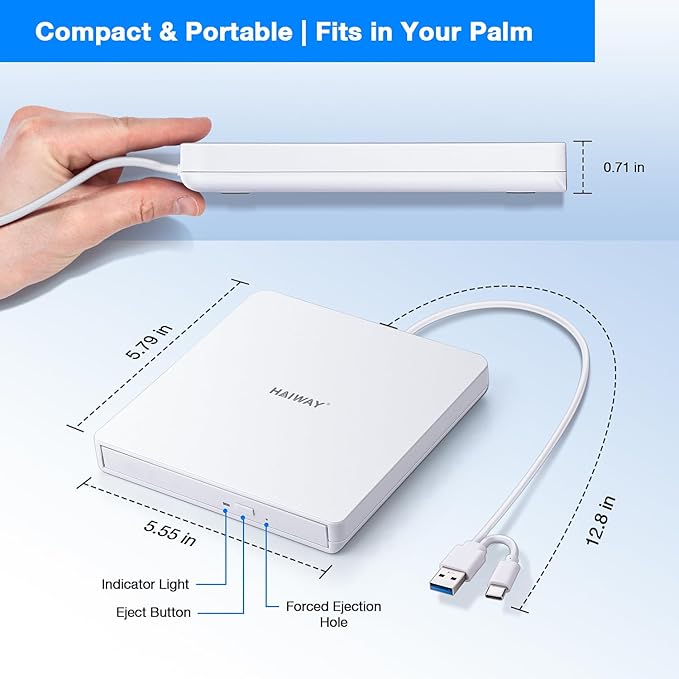 External CD DVD Drive USB 3.0 Type-C Burner Writer +/-RW Optical Drive Slim CD ROM Reader for Laptop Desktop PC Compatible with Windows 11/10/8/7 Mac OS Linux (USB 3.0 &amp Type-C Slim)