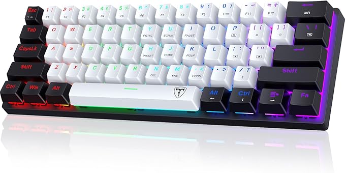 Portable 60% Mechanical Gaming KeyboardWired ErgonomicKeyboard with Red Switches18 LED Backlit Keyboard61 Keys Ultra-Compact Mini OfficeKeyboard for PC/Mac/XboxEasy to Carry On Trip-Black/White
