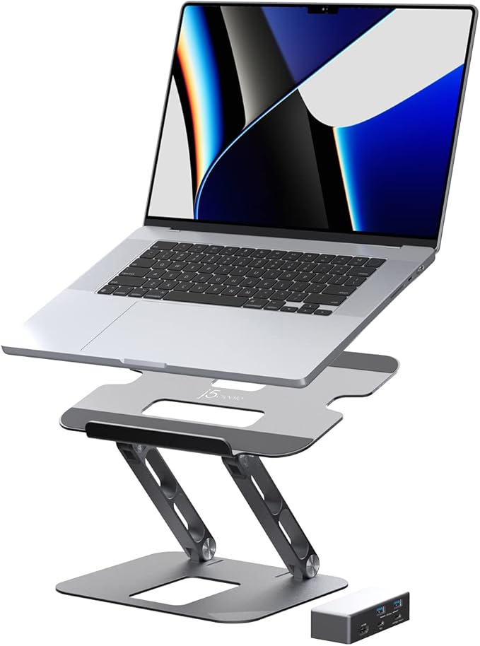 j5create Laptop Stand with USB C 4K HDMI Display Hub - 2 USB A 5Gbps PD 100W with USB-C 5Gbps | Aluminum Computer Riser for MacBook and Windows Notebook (JTS327)