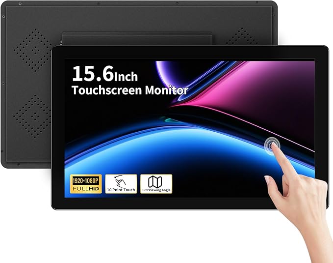 Touchscreen Monitor 15.6 Inch 10-Points Touch Industrial Monitor 1920 * 1080 FHD HDMIVGA&amp USB Embedded Touch Screen Monitor for Device POI/POS/Kiosk/Automation Built-in Speakers VESA
