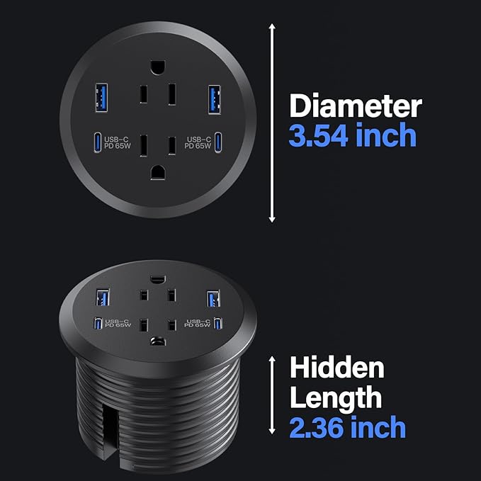3 inch Desktop Power Grommet USB C65W Fast Charging StationFurniture Recessed Power Strip2 Outlets4 USB PortsFlush-Mount for Desktop Workspace Essential Desk Outlet2 Pack (Black)