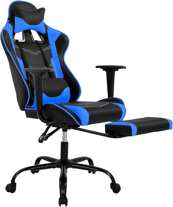 Gaming Chair With Footrest and Lumbar Support Height Adjustable High Back Reclining Computer Chair for Adults - 360-Swivel Blue