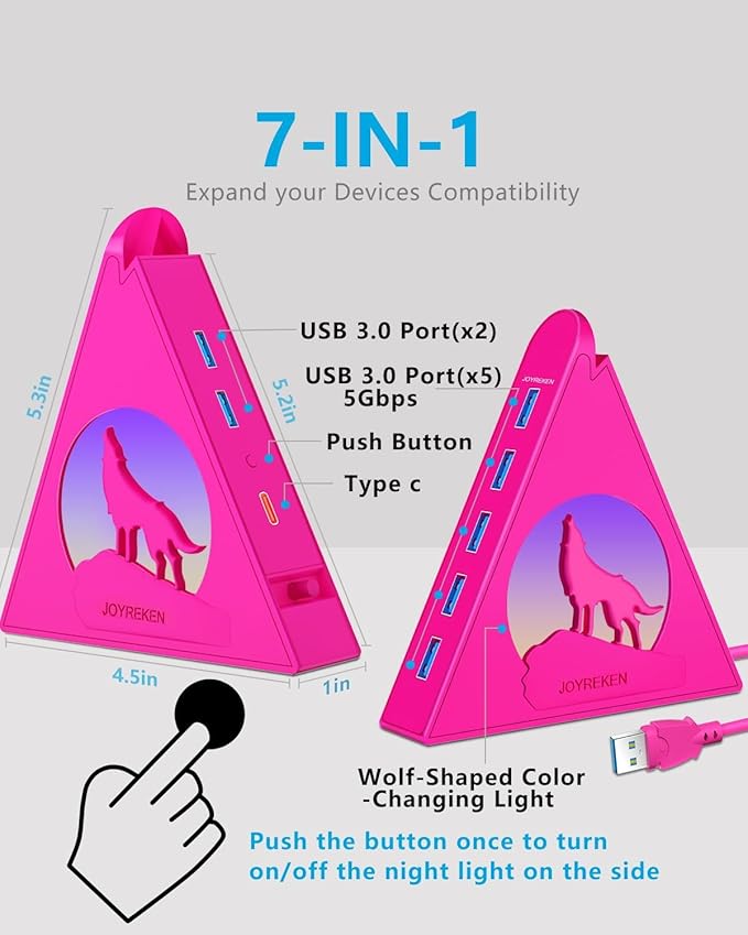 7-Port USB 3.0 Hub JoyReken RGB USB Hub with RGB Night Light and 2ft Cable USB Hub 3.0 Pink USB Expander for Laptop PC Flash Drive HDD Console Printer Keyboard Mouse (Hot Pink)