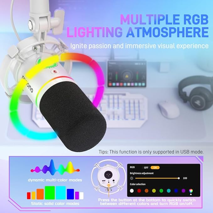 MAONO XLR/USB Dynamic Microphone RGB Gaming Mic with Software Mute Gain Knob Volume Control and Headphone Jack for Streaming Podcasting Recording-PD200X (White)