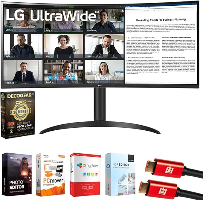 LG 34WR55QK-B 34 Curved UltraWide WQHD HDR 10 100Hz Monitor with USB Type-C Bundle with Elite Suite 18 2X HDMI Cable and Deco Gear CPS Exclusive 26 Month Protection Pack (BEACH-CPS-26M500)