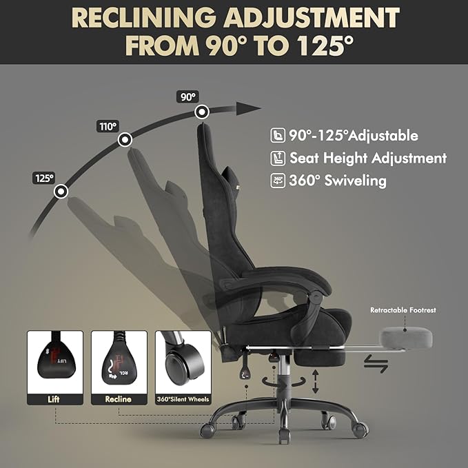 Huracan Velvet Fabric Racing Gaming Chair for Adults - Ergonomic Gamer Chair with Massage Lumbar Footrest &amp Spring Cushion | Home Office/Video Game Chair Black