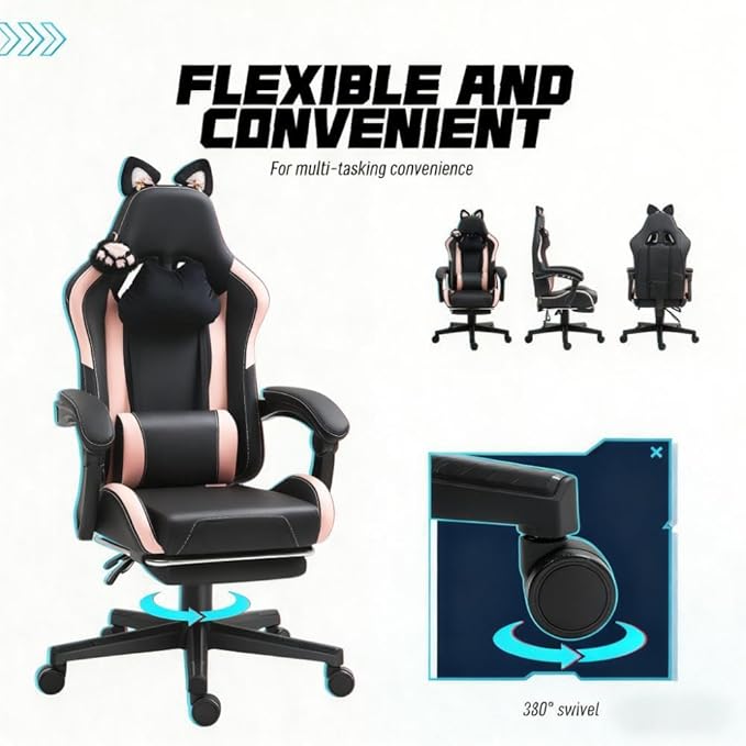 Pink Gaming Chair with Cute Cat Ears Comfy Ergonomic Computer Chair with Footrest and Headrest Video Game Chairs for Girls Adult Teen Height Adjustable Lumbar Support (Pink Black)