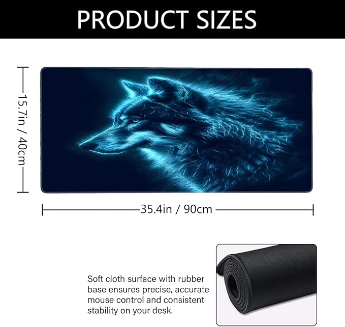 Blue Flame Animal Wolf Large Mouse Pad Gaming Mousepad Desk Mat for Desktop Computer Keyboard Waterproof Mouse Mat Desk Pad with Non-Slip Base for Game School Office Home 35.4 x 15.7