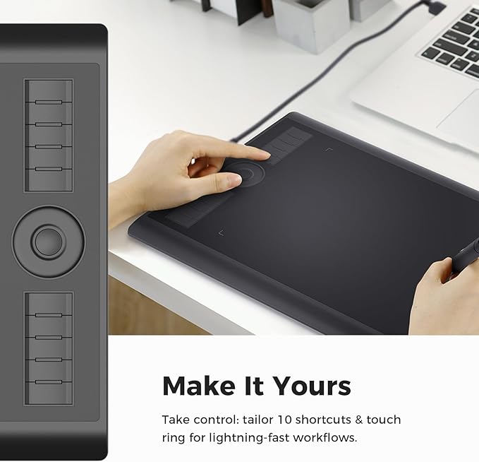 GAOMON M10K Drawing Tablet 10x6 inch Large Graphics Tablet with Touch Ring 8192 Levels Battery-Free Stylus 10 Hot Keys Art Tablet for Design Writing Editing Work with Mac Windows Android