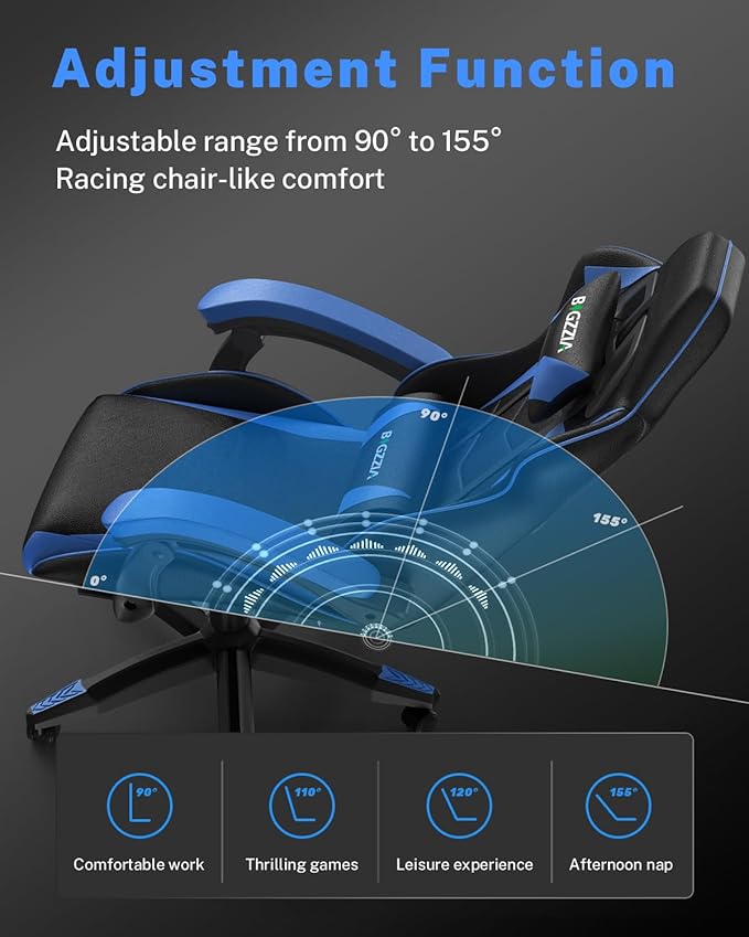 Gaming Chair with Footrest High Back Ergonomic Computer Gamer Chair with Headrest and Lumbar Support Racing Style Reclining Game Chair for Adults Kids (Blue-Black)
