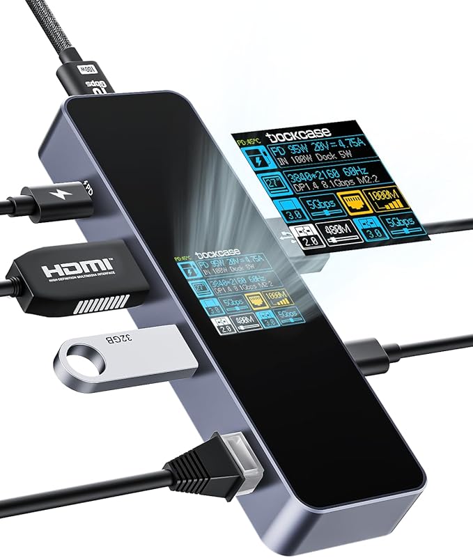DOCKCASE Visual Smart USB C Hub (6-in-1) with HDMI Port 4K@60Hz Gigabit Ethernet USB-C and 2 USB-A 5Gbps Data Ports 100w PD Power Delivery for MacBook Air MacBook Pro XPS and More