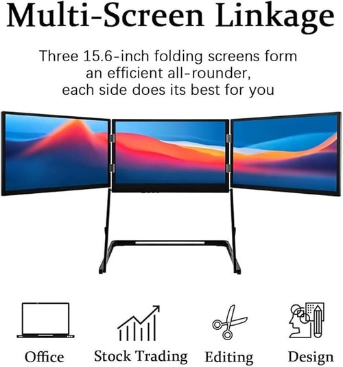 15.6”Laptop Tri-Fold Monitor 1080p Fhd Portable Laptop Screen Extender Type-C/HDMI/USB-C Plug-Play Triple Monitor with 360° Rotation Adjustable Viewing Angles Compatible with Windows and Macos (1pc)