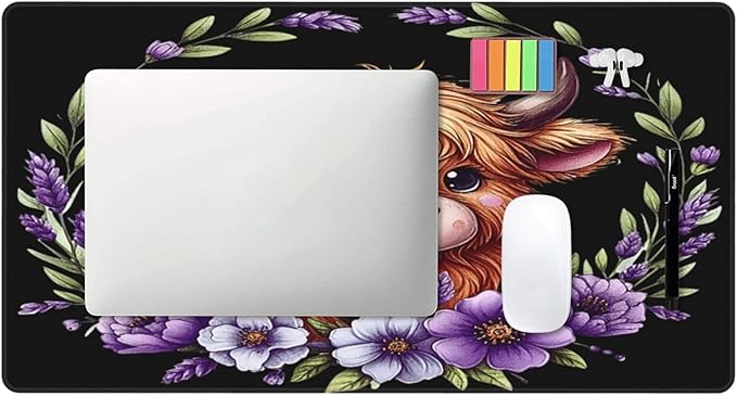 Cute Highland Cow Purple Floral Mouse Pad Non Slip Large Desk Keyboard Mat Gaming Protection Pad 16X29.5 Inch
