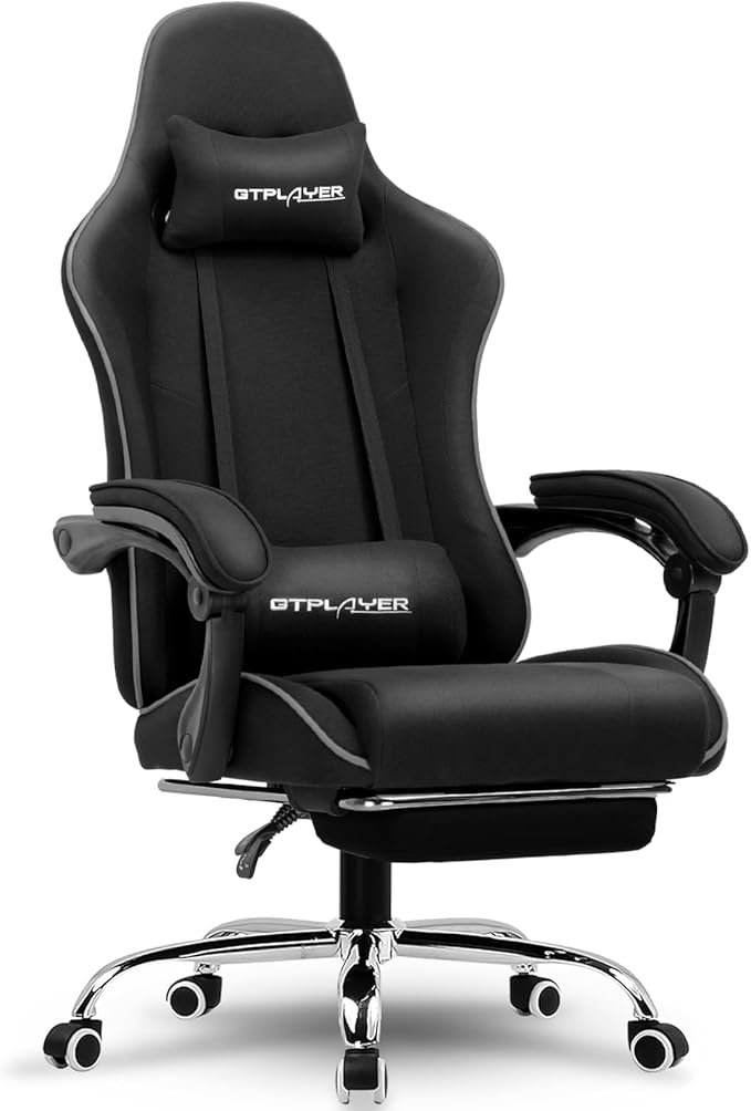 GTPLAYER Gaming Chair Computer Chair with Footrest and Lumbar Support Height Adjustable Game Chair with 360°-Swivel Seat and Headrest and for Office or Gaming (Faux Leather Black)