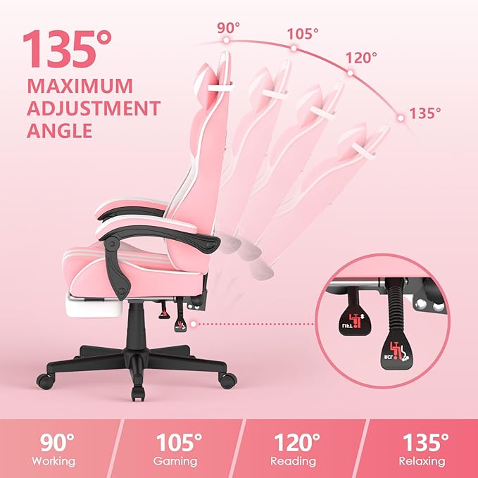 Huracan Gaming Chair with Footrest Adjustable Video Game Computer Chairs for Adults Reclining Backrest Office Desk Chair with Headrest and Lumba Pillow Pink