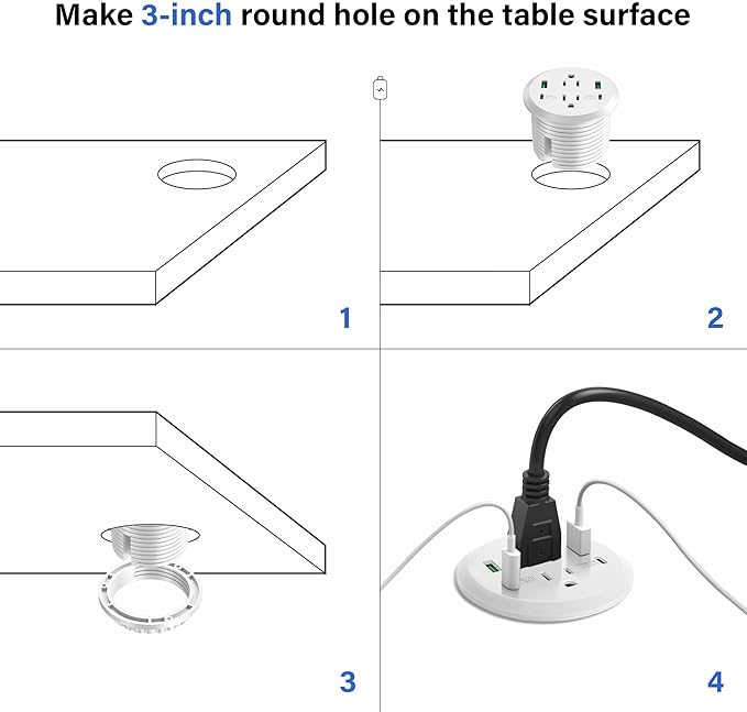 Desktop Power Grommet 3-inch Hole40W Total Fast Charging Station 2 PD 20W USB C PortFlush-Mount Recessed Power Strip 2 AC Outlets4 USB Portsin to The Top of Your Desk6ft Cord