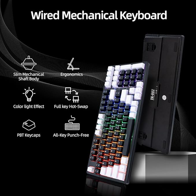 WJX Wired Gaming Mechanical Keyboard Creamy&ampSilent Keycaps RGB Backlit Number Pad MX Cherry Style Cool LED Light PBT Keycaps Hot Swappable USB Keyboard (Black)