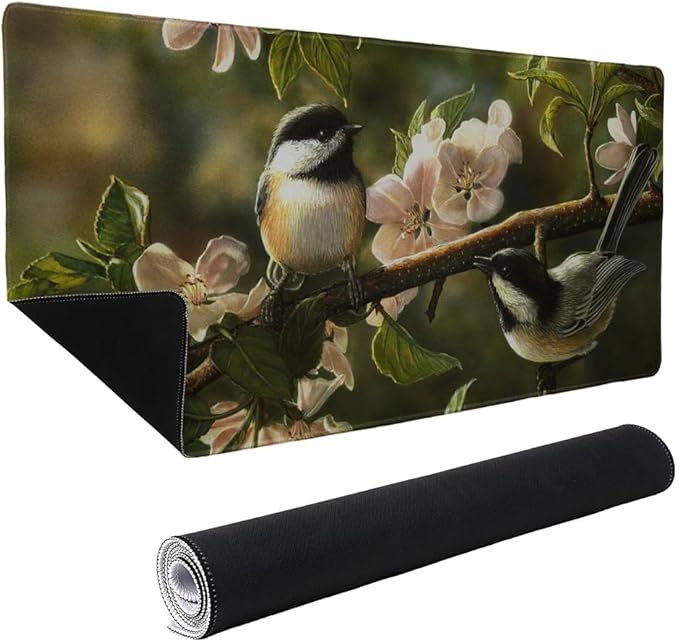 Chickadees Songbirds Spring Blossoms Large Gaming Mouse Pad Desk Mat with Stitched Edges Non-Slip Base