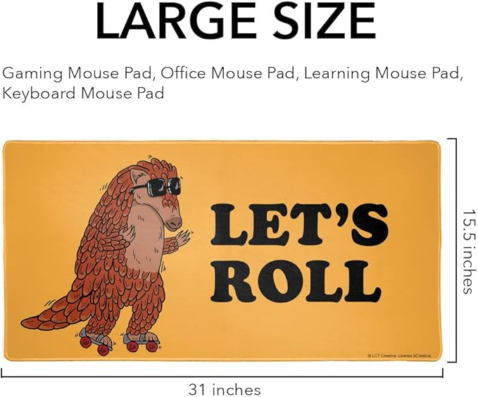 Let's Roll Armadillo Roller Skates Funny Humor Large Gaming Mouse Pad Desk Mat with Stitched Edges Non-Slip Base