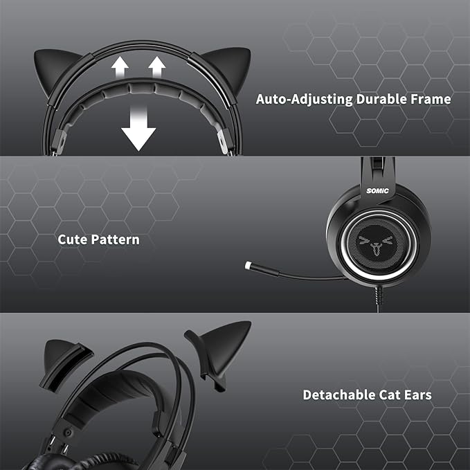 SOMIC Stereo Gaming Headset with Mic for PS4 PS5 Xbox One PC Mobile Phone 3.5MM Sound Detachable Cat Ear Headphones Lightweight Self-Adjusting Over Ear Office Headphones G951S Black