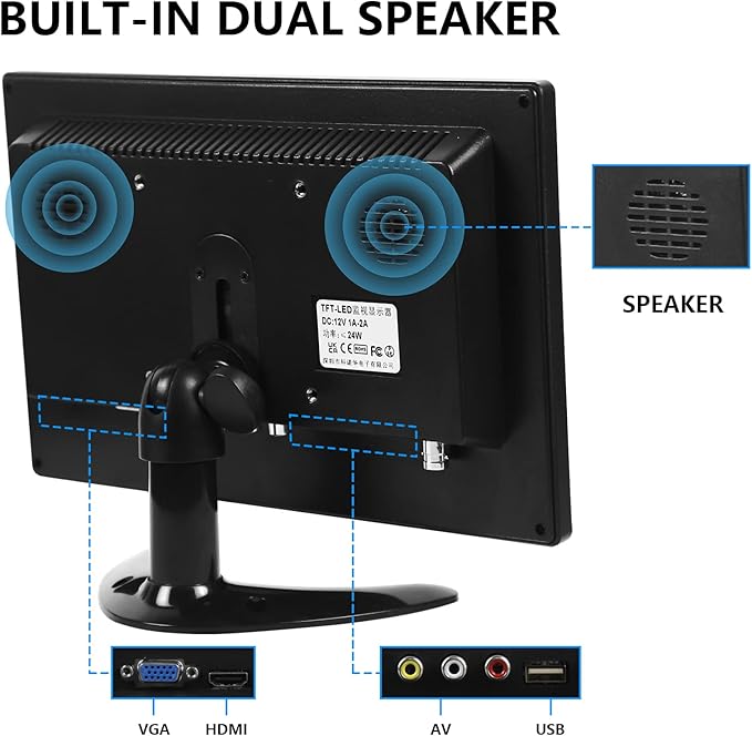 10.1 Inch Small Monitor Raspberry Pi Display Built-in Speakers Mini Screen1280 x 800 HDMI Monitor 60 Hz 5ms IPS Screen Display w/Remote Control HDMI VGA AV BNC Input(10.1-1280x800P)