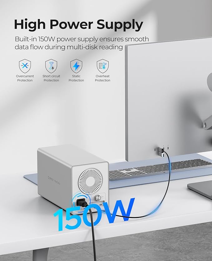 ORICO 4-Bay Hard Drive Enclosure USB 3.2 Gen 2 Aluminum DAS Enclosure USB-C Expansion Max Up to 264TB 3.5-Inch HDD 150W Power Supply - 9948C3