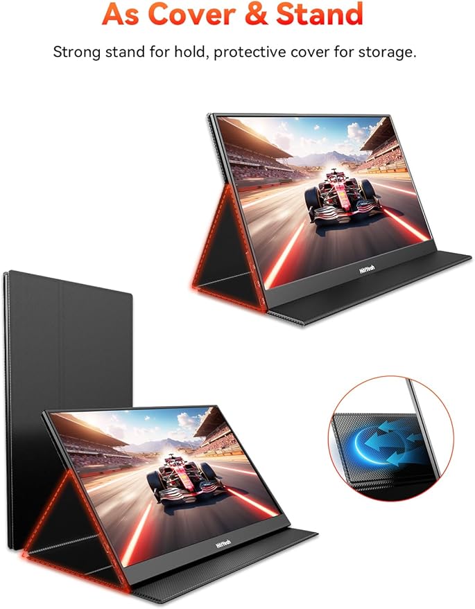 HotYeah Portable Travel Monitor 16.1'' 144Hz 1080P FHD Portable Monitor 106% sRGB HDR Display USB-C HDMI External Screen w/Smart Cover 2nd Screen for Laptop PC Mac Switch PS5/4 Xbox