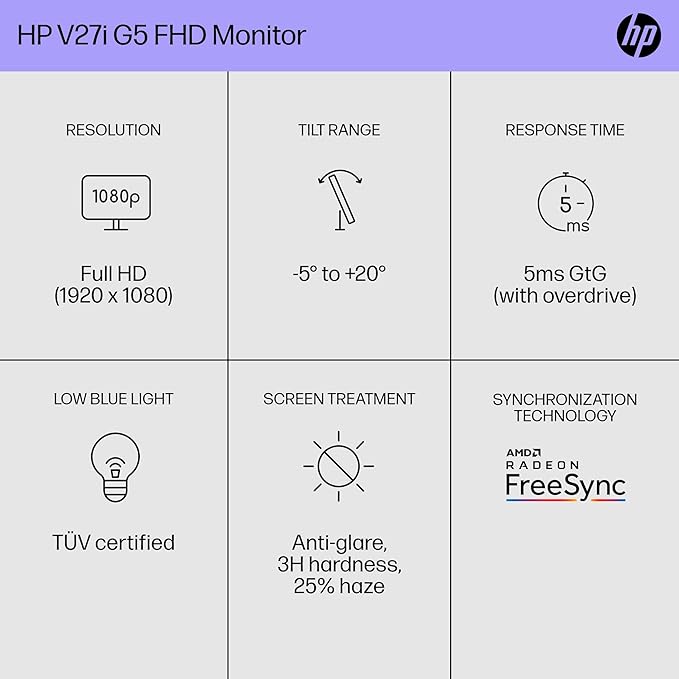 HP V27i G5 27 Inch Full HD Desktop PC Monitor 75Hz AMD FreeSync Low Blue Light Mode Anti-Glare VESA Mountable Tilt Adjustment HDMI VGA DisplayPort Laptop Computer Display Black (Renewed)