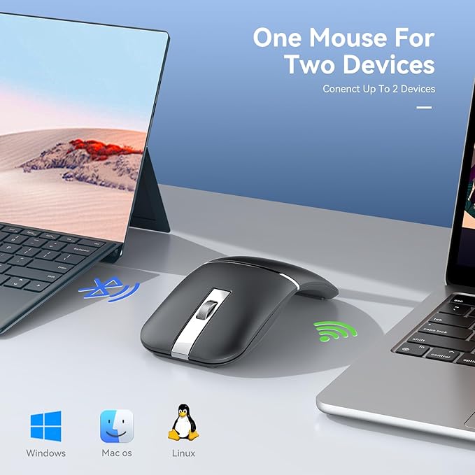Bluetooth Wireless Arc Travel Mouse Dual Model (2.4G+BT5.1) Rotating Foldable Mouse for Microsoft Rechargeable Slim Portable Mice for Laptop Notebook PC MacBook Chromebook Lenovo - Black