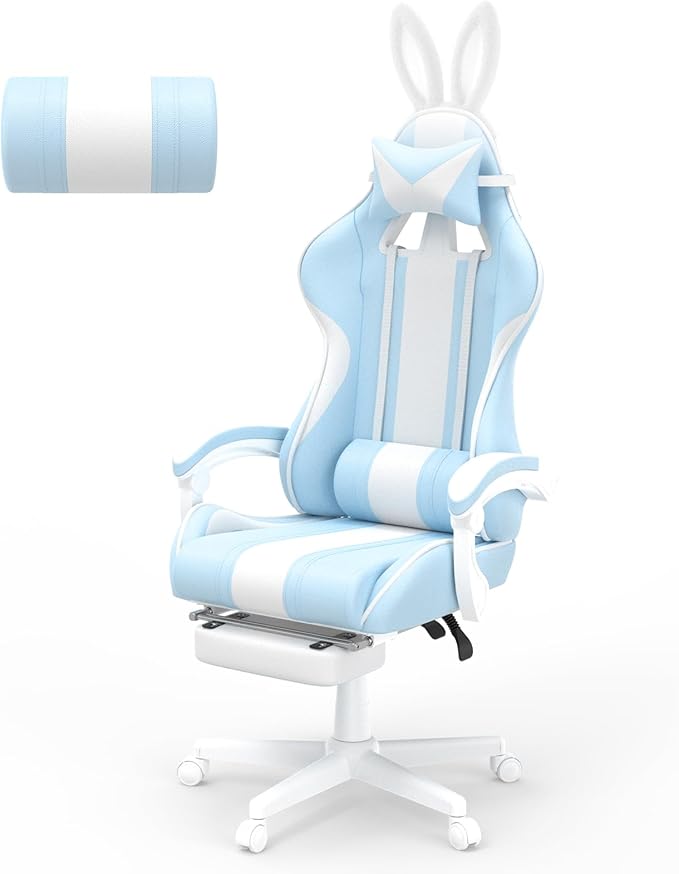 Ferghana Kawaii Bunny Ears Gaming Chair Cute Gamer Chair with Footrest and Massage Leather Ergonomic Computer Game Chairs for Girls Adults Teens Kids Light Blue