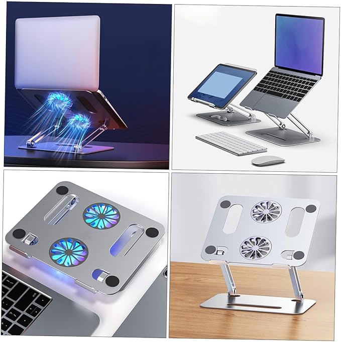 Homoyoyo Aluminum Alloy Laptop Cooler Stand with Dual Fans Adjustable Height Foldable Ventilated Support USB Cooling Pad for Gaming and Office Laptops Silver