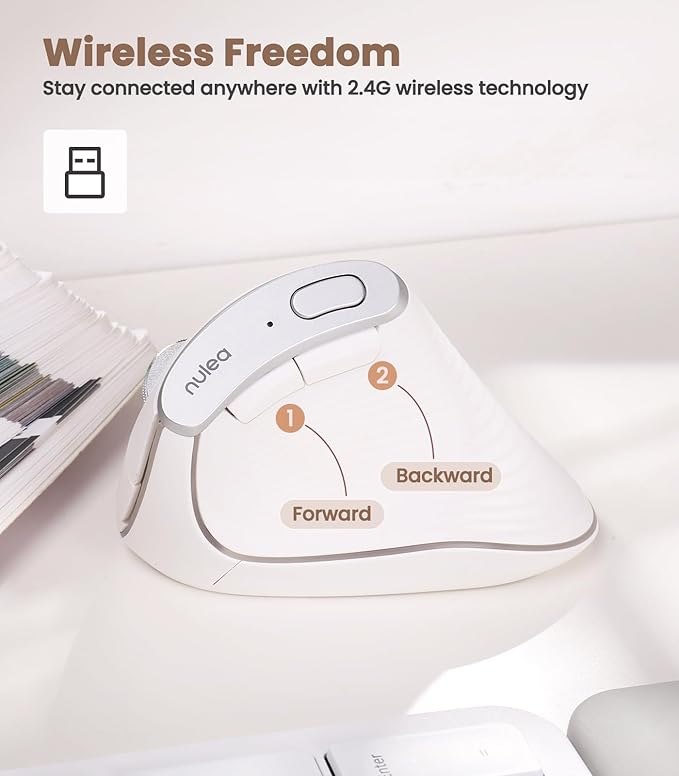 Nulea M510 Vertical Mouse Wireless Ergonomic Mouse for Comfy Tracking 3 Adjustable DPI (800-1200-1600) 2.4G Wireless Vertical Mouse with 6 Buttons Compatible with Windows Mac OS Laptop White