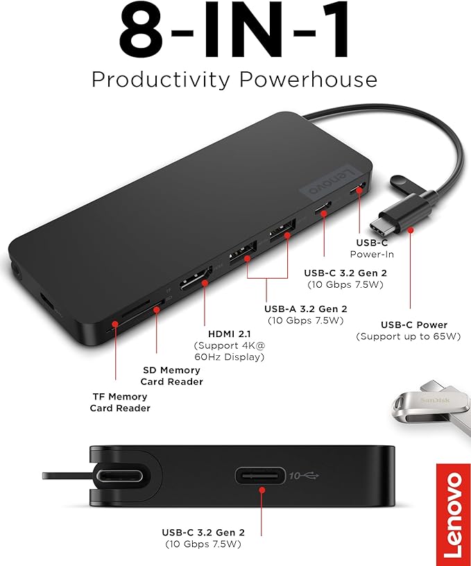 Lenovo USB-C Slim Travel Dock 8 Ports Up to 65W PD Pass Through Integrated USB-C Cable 4K Display Support Black