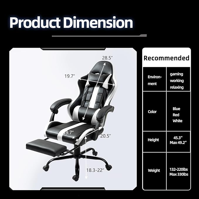 ECOTOUGE Massage Gaming Chair Video Game Chair with Footrest Ergonomic Computer Chair with Headrest and Massage Lumbar Support Height Adjustable High Back Office Desk Chair with 360° Swivel White