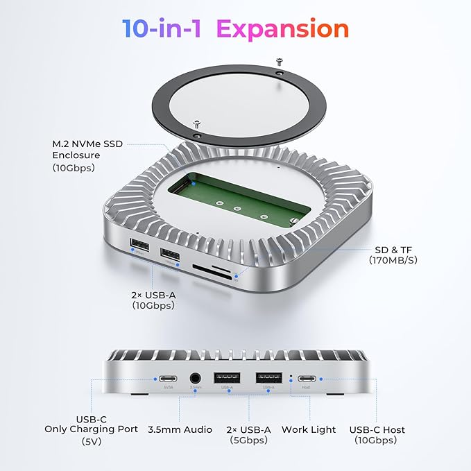 Raycue Mac mini M4 Dock &amp Stand with 8T NVMe SSD Enclosure 2 USB A 10Gbps10G USB C Data Port 5G USB A*2 USB-C Charge SD/TF Audio for Mac mini M4/ M4 Pro