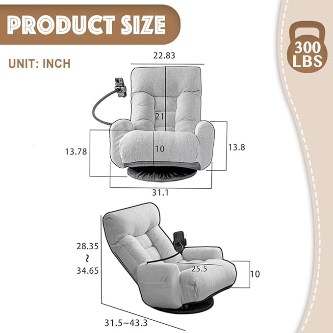 Floor Chair with Back Support Swivel Gaming Chair with 5 Adjustable Position Meditation Chair with Phone Holder Linen Indoor Lounge Chair for Lazy Boys Living Room Bedroom Lounge Grey