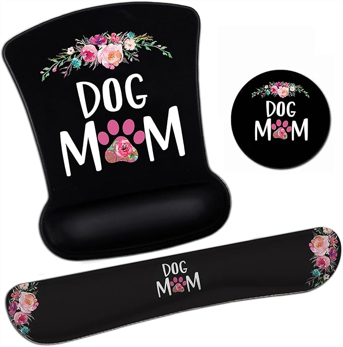 Ergonomic Mouse Pad Wrist Support Gel and Keyboard Wrist Rest Set Dog Mom Floral Design for Laptop Mac Gaming and Office Durable Comfortable and Pain Relief + Coaster
