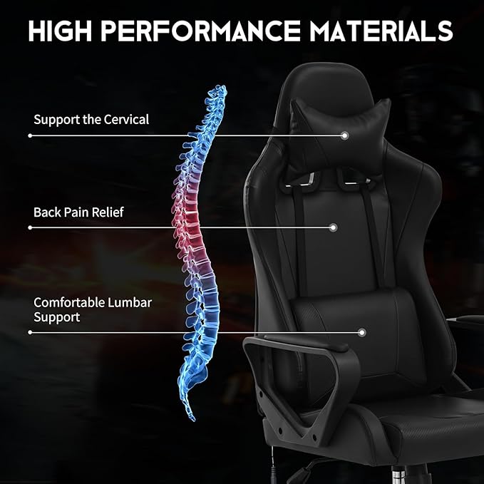 BLKMTY Gaming Chair Video Game Ergonomic Office Racing Computer PU Leather Chair - High Back Executive Task with Lumbar Support Headrest Swivel Chairs Black
